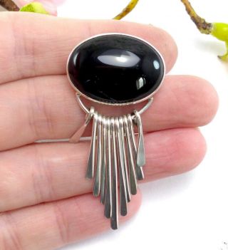Vintage Mexican Sterling Silver Black Onyx Brooch Pendant - Signed Cii