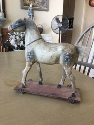 Antique Early American Primitive Wooden Toy Horse On Tin Wheels