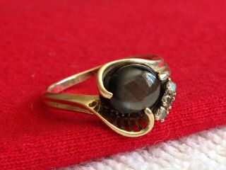 Vintage 14k 14 Kt Yellow Gold Marked Signed Hermatite Diamond Ring Size 5.  25
