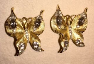 Fabulous Vintage Signed Crown Trifari Rhinestone Butterfly Clip Earrings