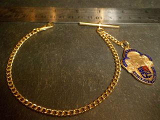 Vintage Gold Plated Albert Pocket Watch Chain And 1938 Fob Medal