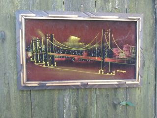 Vintage Oil On Black Velvet Painting Of Bridge Signed