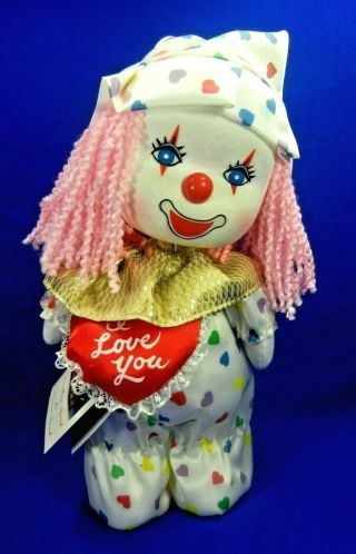 Vintage Dolmax Wind Up Animated Musical Clown I Love You Pillow & Hearts Outfit