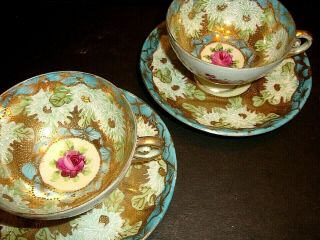 2 Antique Porcelain Tea Cup Saucer Floral Heavy Raised Gold Teacup Moriage White