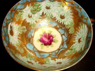 2 Antique Porcelain Tea Cup Saucer Floral Heavy Raised Gold Teacup Moriage White 2