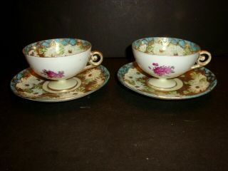 2 Antique Porcelain Tea Cup Saucer Floral Heavy Raised Gold Teacup Moriage White 3