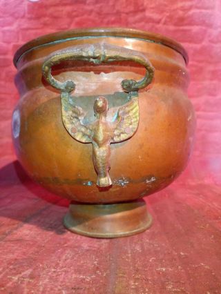 Antique Vintage Old Copper Bowl Pot Angel Handles Cooking Planter Display
