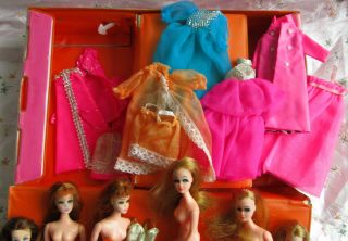 Six Vintage 1970s Topper Dawn Longlocks Glori Dolls Case Clothes and 2 heads 2