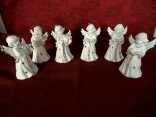 Vintage White Porcelain Angel Bell Ornaments With Gold Trim Set Of 6 / 3.  5 " Tall