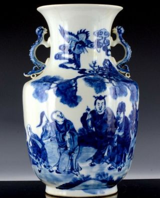 Finely Detailed 19thc Chinese Blue & White Star God Immortals Crane Scenic Vase