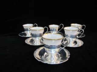 Shreve Set Of 6 Sterling Silver Demitasse Cup & Saucer W/lenox Liners