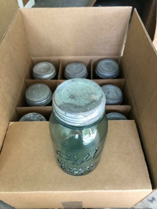 Box Of 12 Vintage Blue Ball Perfect Mason Quart Jars With Zinc Lids