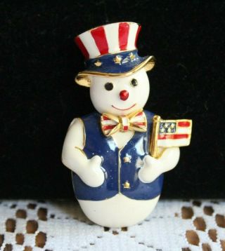 Vintage Gold Tone Enamel Patriotic Snowman Christmas Brooch