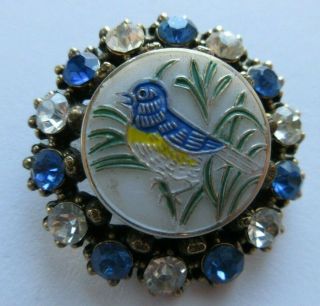 Dazzling Large Antique Vtg Glass In Metal Picture Button Bird W/ Paste Rim (r)