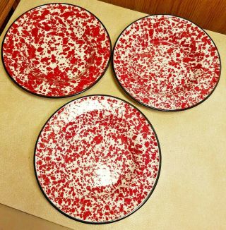 Set Of 3 Vintage Red And White Graniteware Soup Bowls Splatter Swirl Design