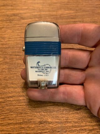 Vintage Scripto Vu Advertising Lighter Watsonville Canning 5 Digit Phone Blue