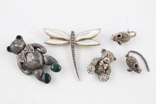 5 X Vintage.  925 Sterling Silver Marcasite Animal Brooches Inc.  Mice,  Bugs (50g)