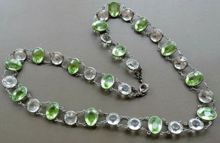 Antique Vintage Art Deco Silver Clear Green Rhinestone Open Set Necklace - Y13