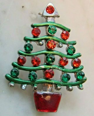 Vintage Christmas Tree Brooch Pin Green / Red Bulb Rhinestones 1 3/4 "