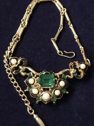 Vintage Jewellery Signed Coro Emerald Glass,  Faux Pearl And Enamel Necklace