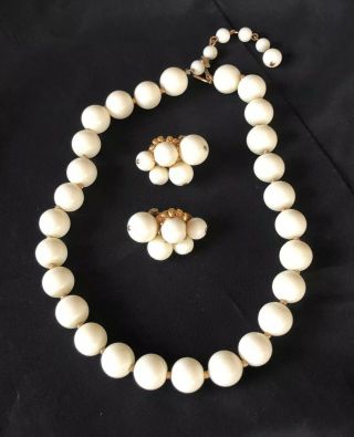 Vintage Hattie Carnegie Cream Glass Bead Necklace & Earrings Set