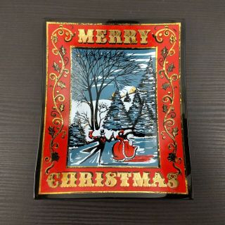 Vintage Houze Art Merry Christmas Ice Skating Smoked Glass Ashtray Dish Usa Made