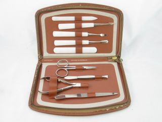 Vintage 9 Piece Leather Grooming Kit - Made In W.  Germany