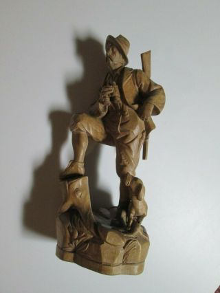 Vintage Wood Hand Carved Hunter With Dog Figurine 8 7/8 " Hunting Man Rifle
