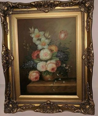 Vintage Signed Floral Still Life Oil Painting Ornate Gold Frame Wall Art