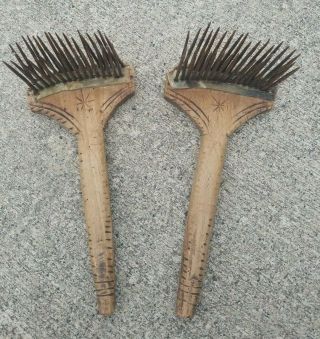 2 Early Wood Flax Comb,  Hatchel Or Hetchel With Handle Primative Antique