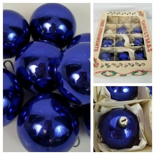 Vintage Set Of 8 Blue Glass Ball Christmas Ornaments Poland