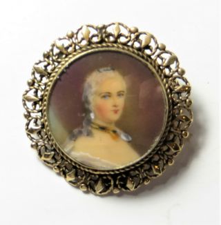 Antique 18k Yellow Gold Micro Painted Portrait Pendent / Brooch Pin