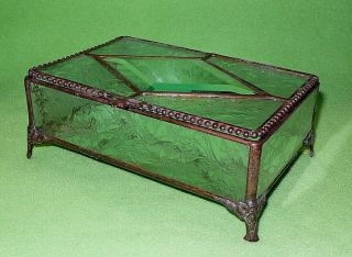 Vintage Metal & Glass Trinket Display Box W/ Beveled Top / Frosted Design Panels