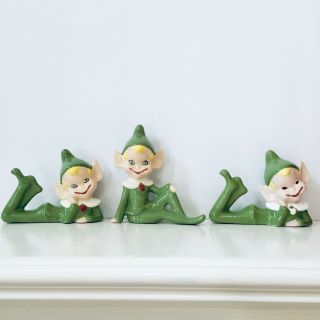 3 Piece Elf Set Vintage Christmas Green Pixie Elves Ceramic Figurines