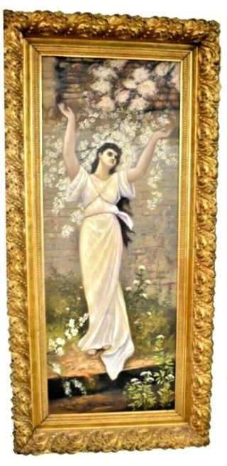 Young Lady In Landscape Antique French Oil Painting On Canvas 4 Ft.