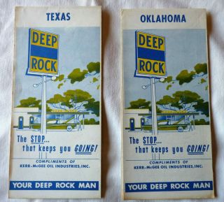 Texas & Oklahoma - Two Gas Station Maps - Deep Rock Kerr - Mcgee Oil - Vintage 1950s