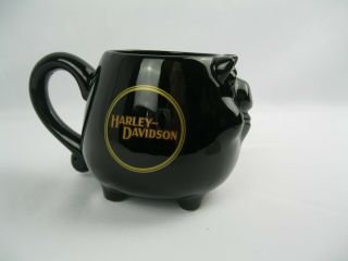 Vtg Harley Davidson Black Coffee Mug Hog Face HD Logo Cup Pig Tail Handle Feet 2