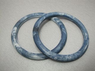 Matched Pair 1/4 " Vintage Bakelite Bracelets Matte Marbled Blue/white Colors