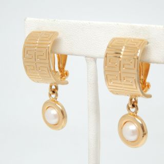 Givenchy Paris York Pearl Drop Couture High - End Cuff Clip Gold Vtg Earrings