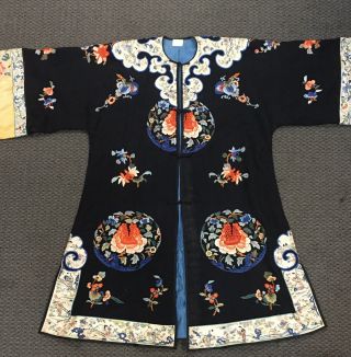 Antique Chinese Qing Black Silk Embroidered Robe