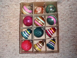 Vintage Shiny Brite Christmas Ornaments Box Stripes Bells Waffle Balls