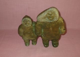 Vintage Inuit Eskimo Canada Soapstone Carving Sculpture 2 Hunters Father & Son