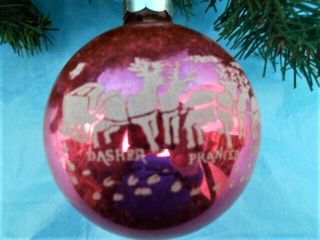 Vintage Shiny Brite Stencil Glass Ornament 8 Reindeer & Sleigh Pink 2.  75 "