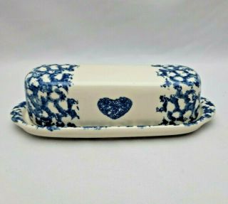 Vintage Butter Dish Folk Craft Sponge By Tienshan Heart Blue Stoneware Country