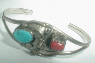 1970s Sterling Silver Navajo Vintage Turquoise Coral Ladies Small Cuff Bracelet