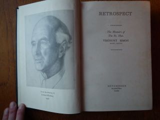 Retrospect The Memoirs Of The Rt.  Hon Viscount Simon 1st Ed Hard Cover
