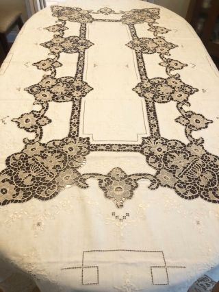 Antique Italian Point Venise Needle Lace Embroidered Linen Tablecloth 10 Napkin