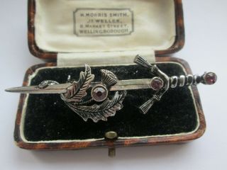 Vintage Celtic Scottish Thistle Amethyst Glass Sword Brooch Kilt Pin
