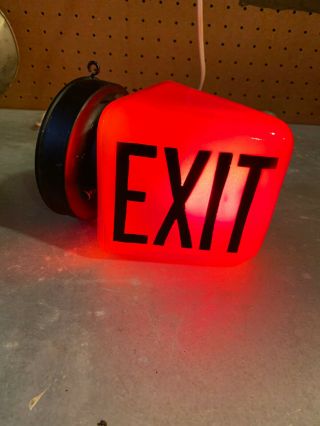 Vintage Double Sided Triangle Exit Sign Red Glass