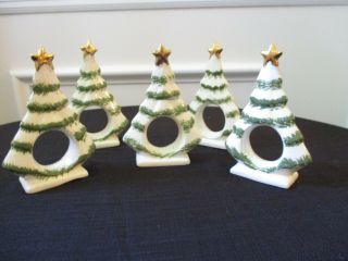 Set Of 5 Vintage White/green/gold Ceramic Christmas Tree Napkin Rings